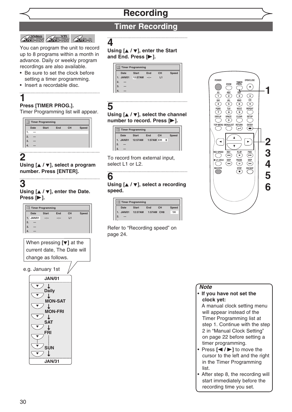 Recording, Timer recording, Using [ k / l ], enter the date. press [ b | E.g. january 1st | Sylvania DVR90DG User Manual | Page 30 / 82