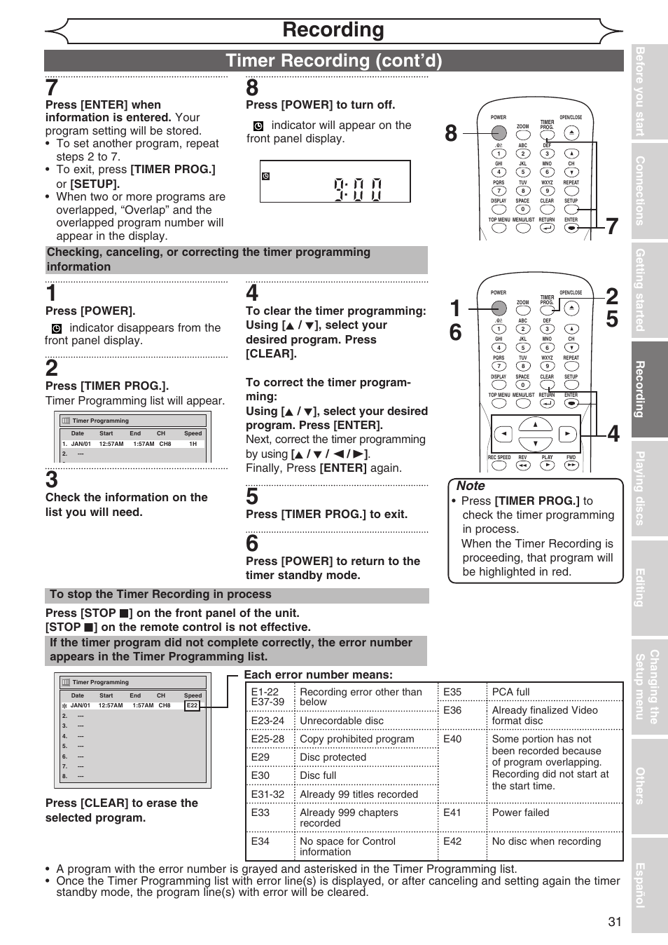 Recording, Timer recording (cont’d), Press [power] to turn off | Press [power, Check the information on the list you will need, Press [timer prog.] to exit, Press [power] to return to the timer standby mode | Sylvania DVR90DG User Manual | Page 31 / 82