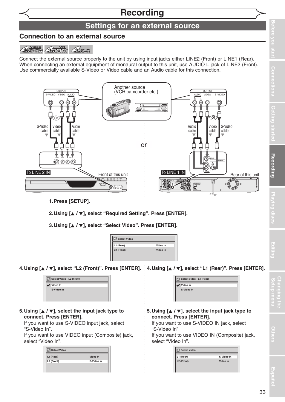 Recording, Settings for an external source, Connection to an external source | Another source (vcr camcorder etc.), Front of this unit rear of this unit, S-video cable audio cable video cable, Audio cable s-video cable video cable | Sylvania DVR90DG User Manual | Page 33 / 82