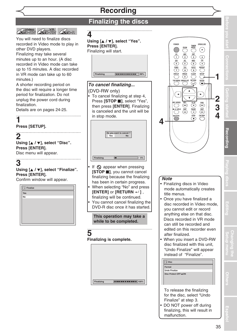 Recording, Finalizing the discs | Sylvania DVR90DG User Manual | Page 35 / 82