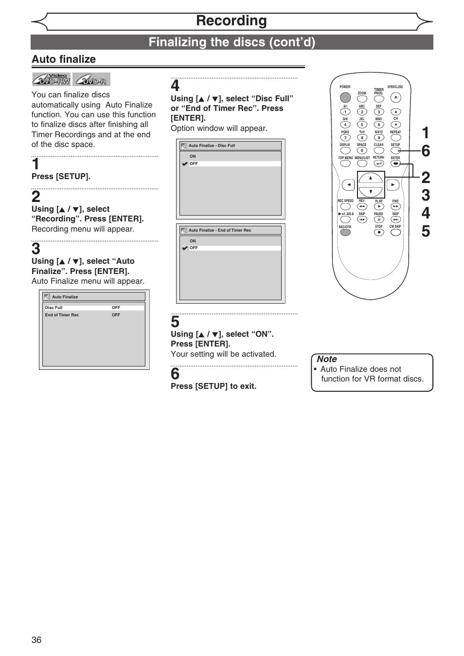 Recording, Finalizing the discs (cont’d), Auto finalize | Press [setup, Press [setup] to exit | Sylvania DVR90DG User Manual | Page 36 / 82