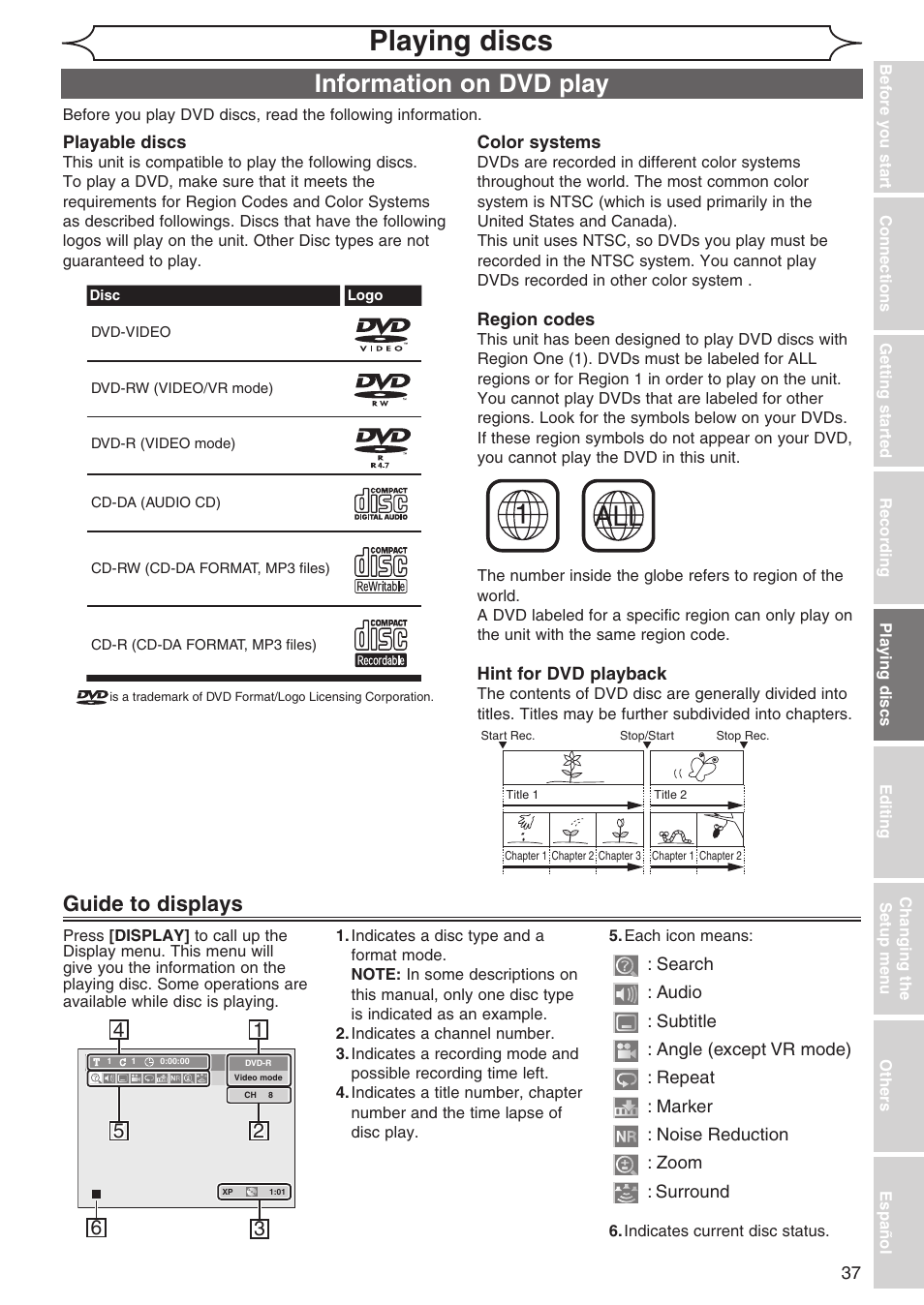Playing discs, Information on dvd play, Guide to displays | Sylvania DVR90DG User Manual | Page 37 / 82