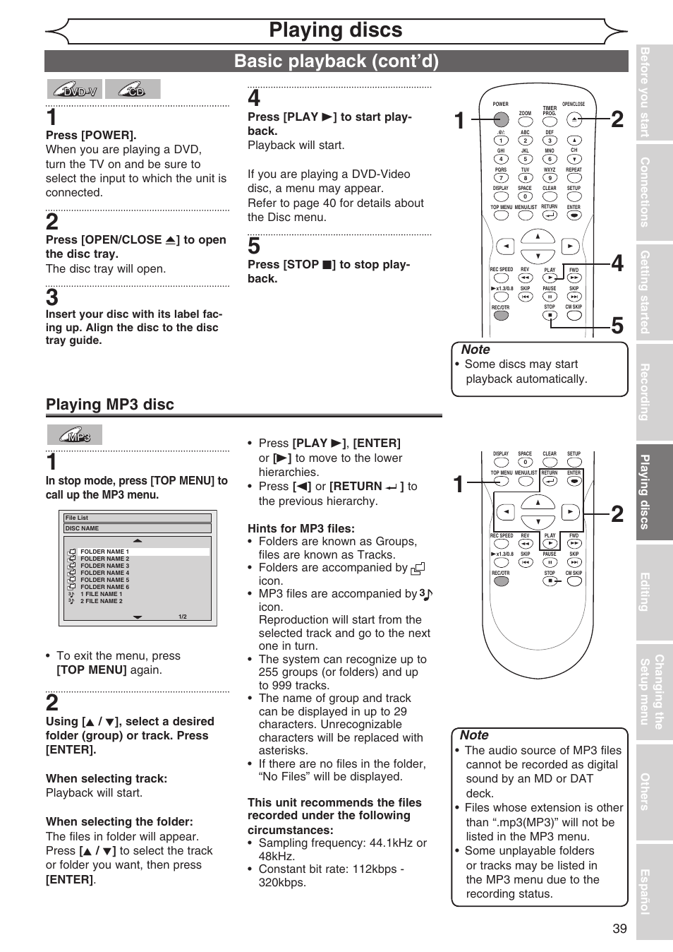 Playing discs, Basic playback (cont’d), Playing mp3 disc | Press [stop c ] to stop play- back, Some discs may start playback automatically | Sylvania DVR90DG User Manual | Page 39 / 82