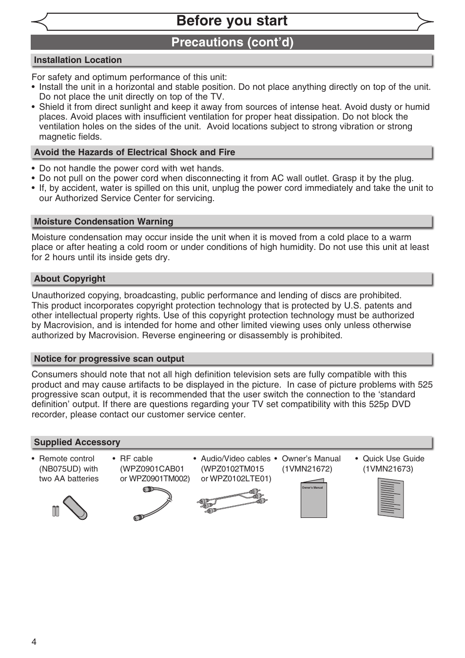 Before you start, Precautions (cont’d) | Sylvania DVR90DG User Manual | Page 4 / 82