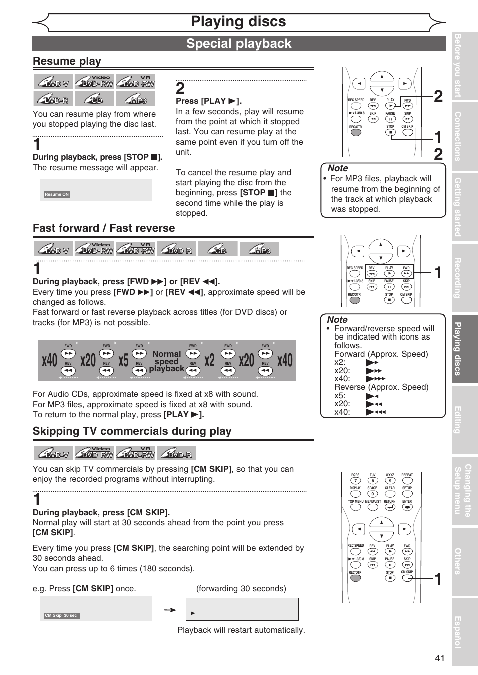Playing discs, Special playback, Resume play | Fast forward / fast reverse, Skipping tv commercials during play, Normal speed playback | Sylvania DVR90DG User Manual | Page 41 / 82