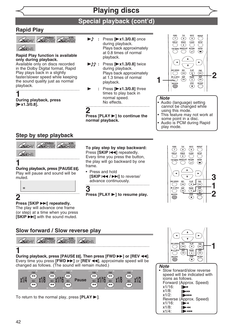 X1/8, Playing discs, Special playback (cont’d) | Step by step playback, Slow forward / slow reverse play, Rapid play, Press [play b ] to resume play, Pause, During playback, press [ b x1.3/0.8 | Sylvania DVR90DG User Manual | Page 42 / 82