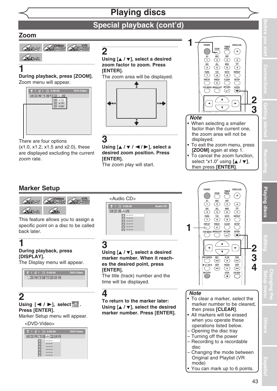 Playing discs, Special playback (cont’d), Zoom | Marker setup | Sylvania DVR90DG User Manual | Page 43 / 82