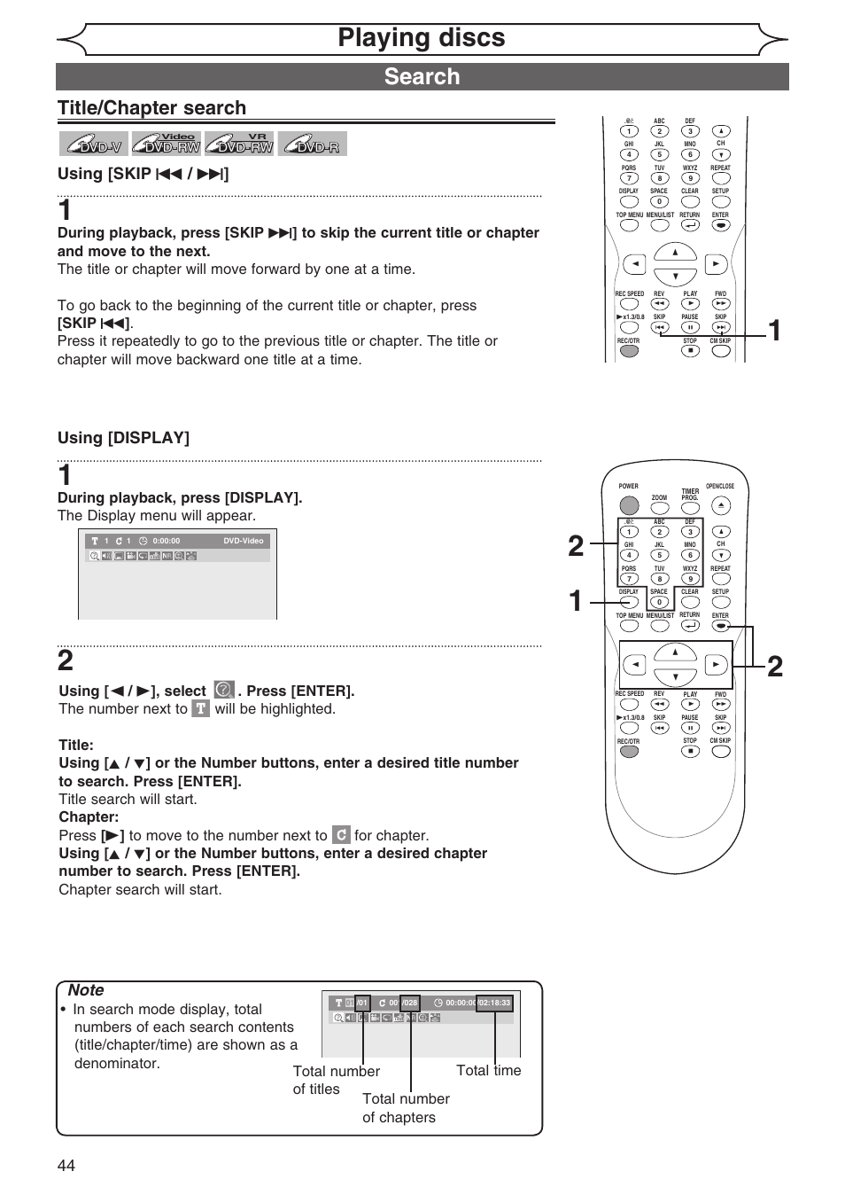 Playing discs, Search, Title/chapter search | Using [skip h / g, Using [display, Dvd-v, Dvd-v dvd-rw dvd-rw, Dvd-rw, Dvd-r | Sylvania DVR90DG User Manual | Page 44 / 82