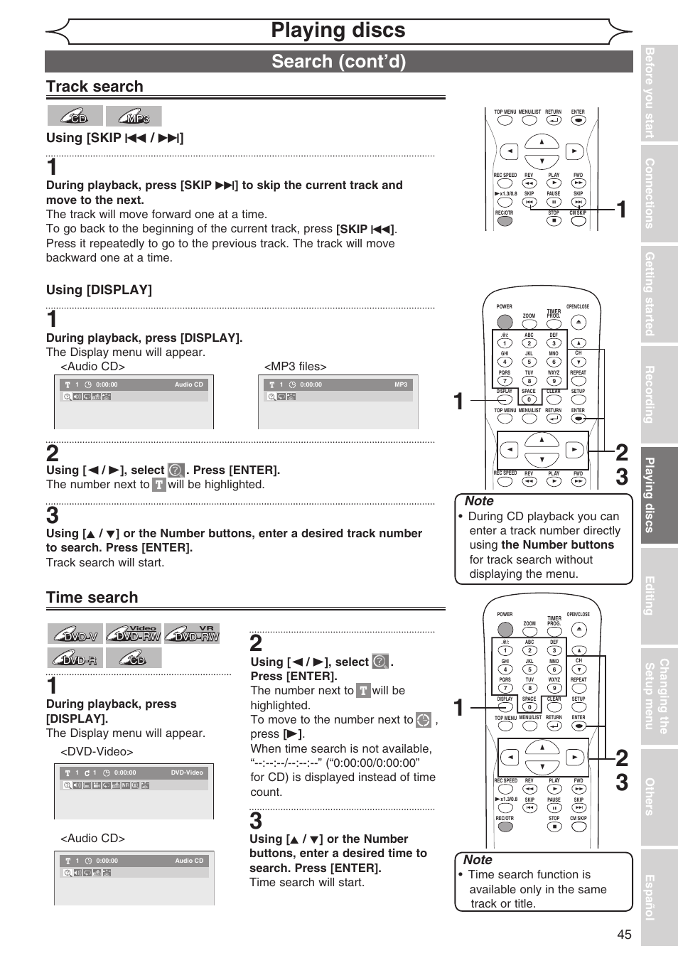 Playing discs, Search (cont’d), Track search | Time search, 45 using [display, Using [skip h / g | Sylvania DVR90DG User Manual | Page 45 / 82