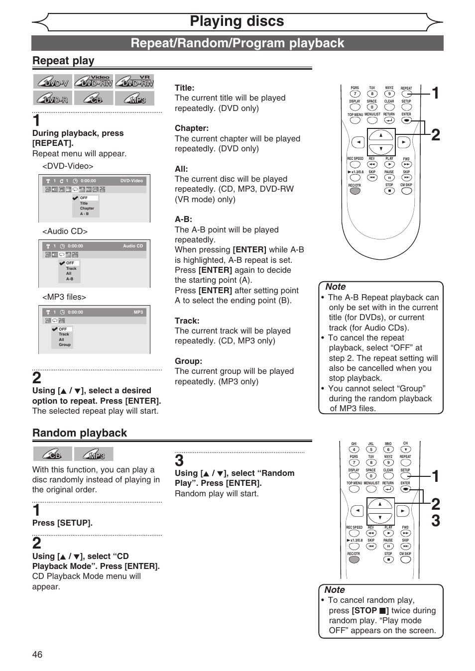 Playing discs, Repeat/random/program playback, Repeat play | Random playback, Press [setup | Sylvania DVR90DG User Manual | Page 46 / 82