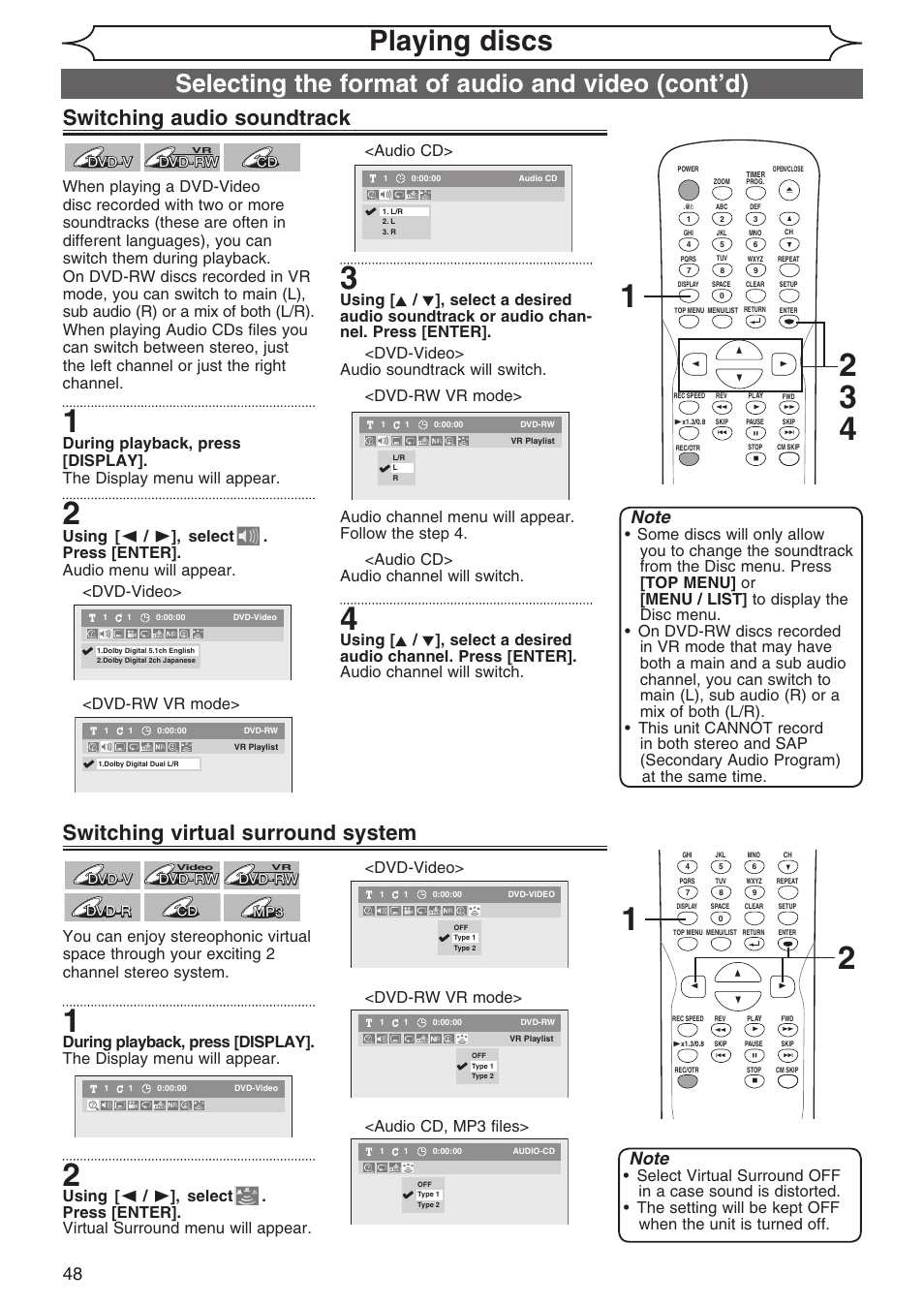 Playing discs, Selecting the format of audio and video (cont’d), Switching audio soundtrack | Switching virtual surround system | Sylvania DVR90DG User Manual | Page 48 / 82