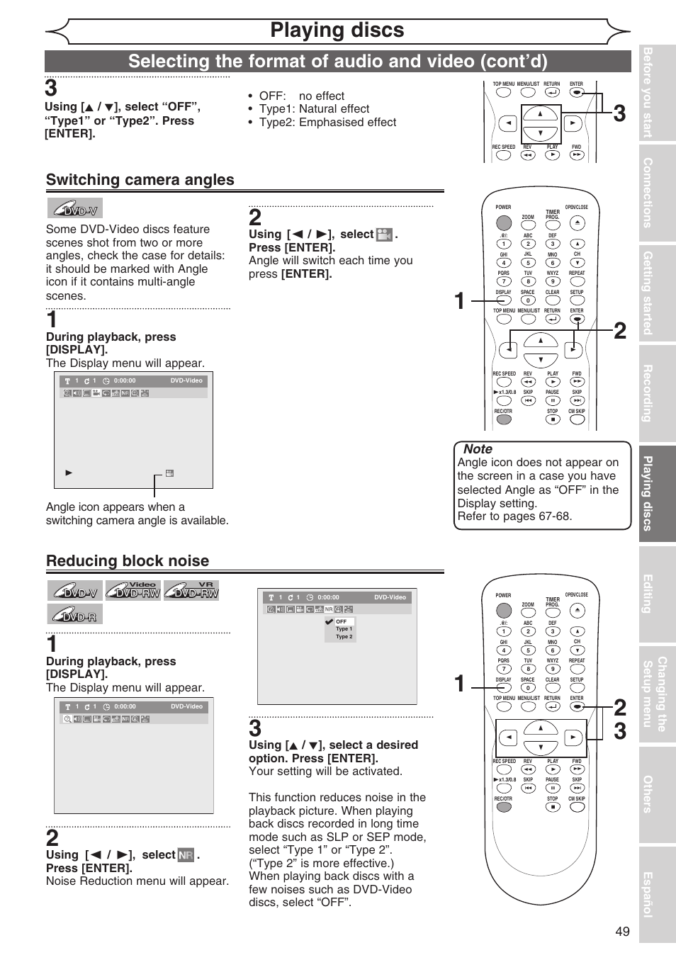 Playing discs, Selecting the format of audio and video (cont’d), Switching camera angles | Reducing block noise | Sylvania DVR90DG User Manual | Page 49 / 82