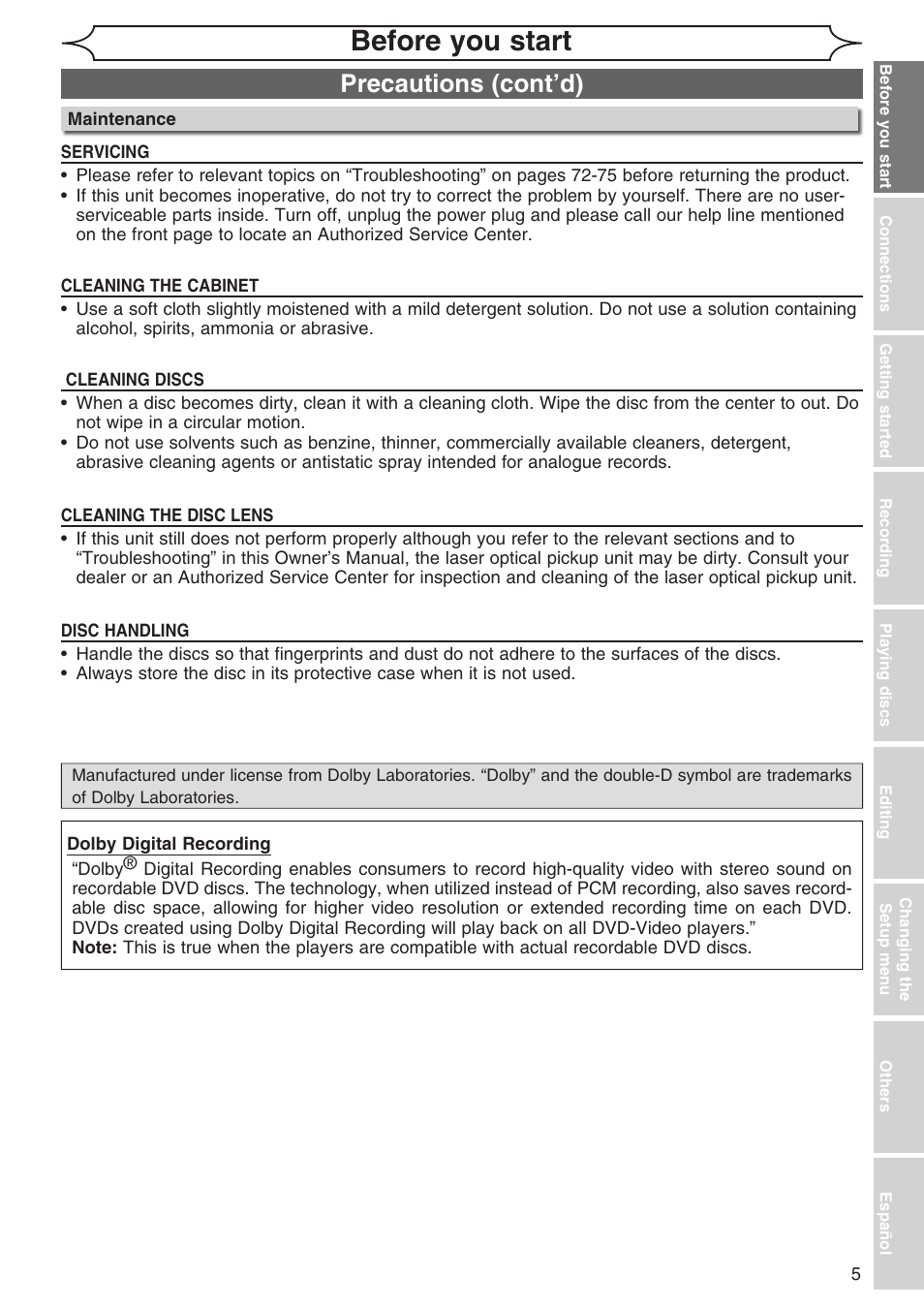 Before you start, Precautions (cont’d) | Sylvania DVR90DG User Manual | Page 5 / 82