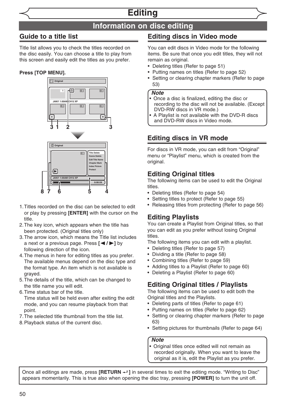 Editing, Information on disc editing, Guide to a title list | Editing discs in video mode, Editing discs in vr mode, Editing original titles, Editing playlists, Editing original titles / playlists | Sylvania DVR90DG User Manual | Page 50 / 82