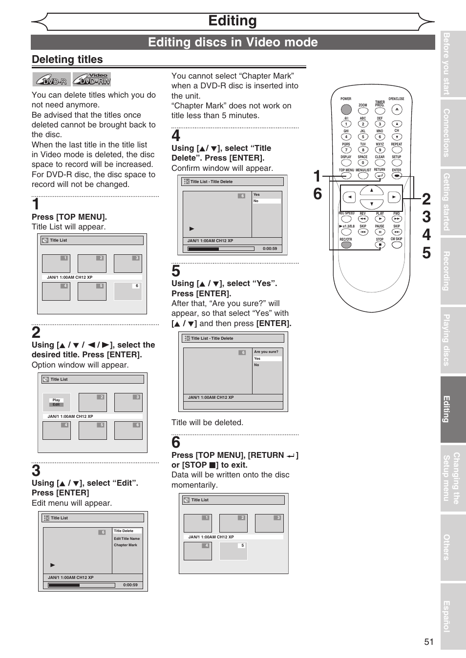 Editing, Editing discs in video mode, Deleting titles | Press [top menu]. title list will appear | Sylvania DVR90DG User Manual | Page 51 / 82