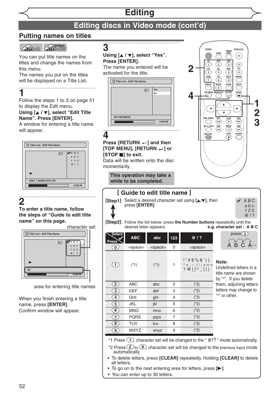 Editing, Editing discs in video mode (cont’d), Putting names on titles | Guide to edit title name, A b c a, This operation may take a while to be completed | Sylvania DVR90DG User Manual | Page 52 / 82