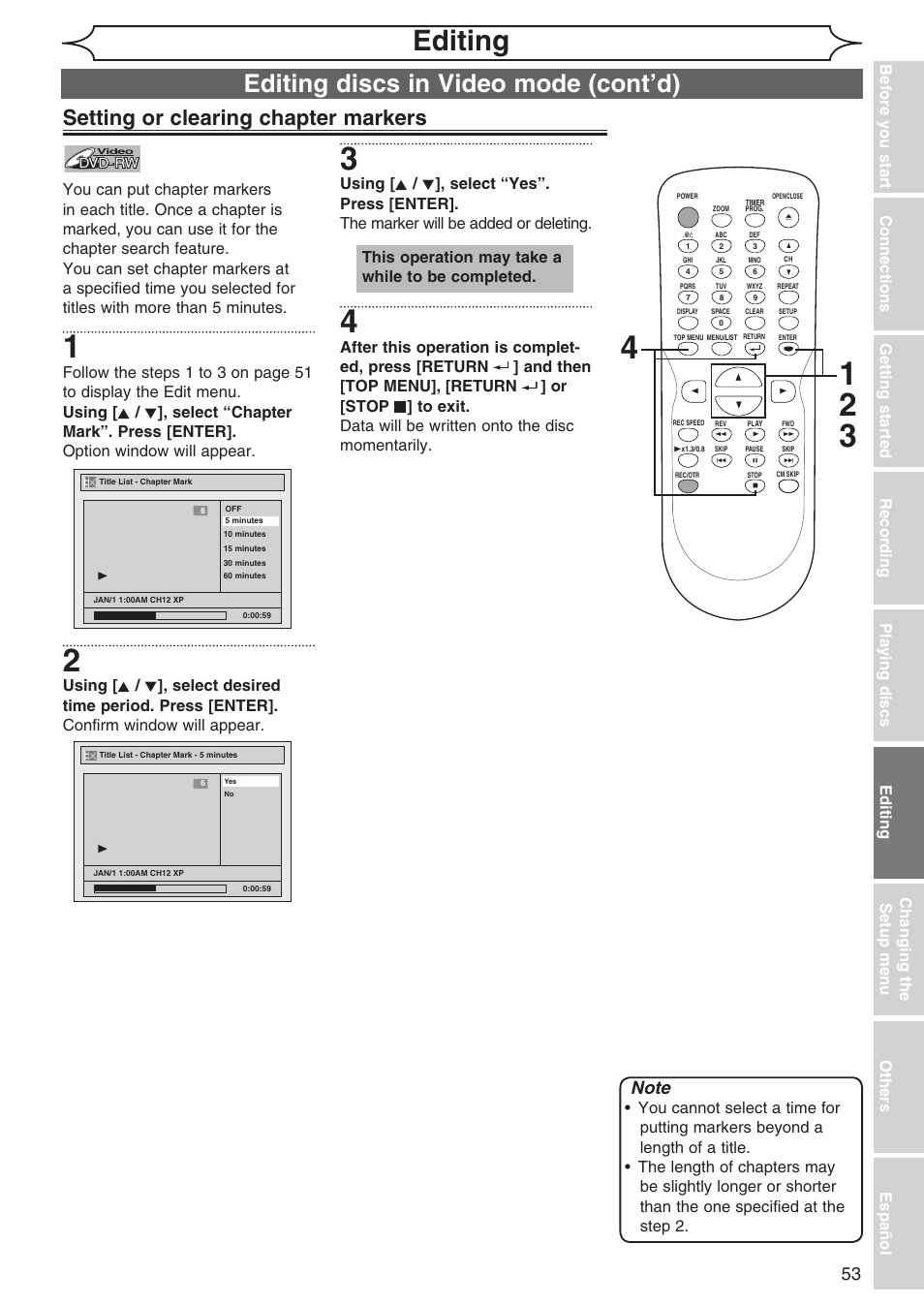 Editing, Editing discs in video mode (cont’d), Setting or clearing chapter markers | This operation may take a while to be completed | Sylvania DVR90DG User Manual | Page 53 / 82