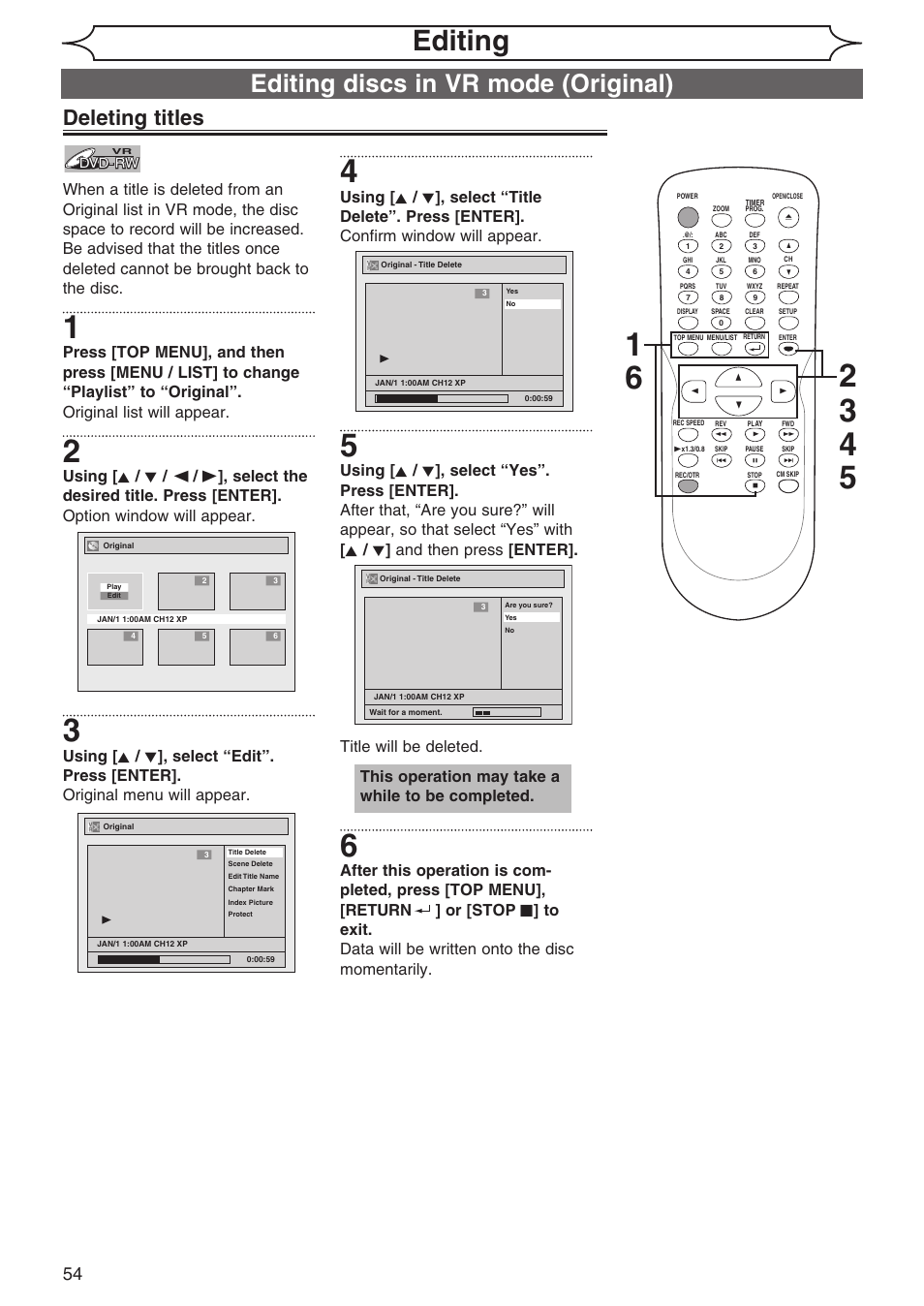 Editing, Editing discs in vr mode (original), Deleting titles | This operation may take a while to be completed | Sylvania DVR90DG User Manual | Page 54 / 82