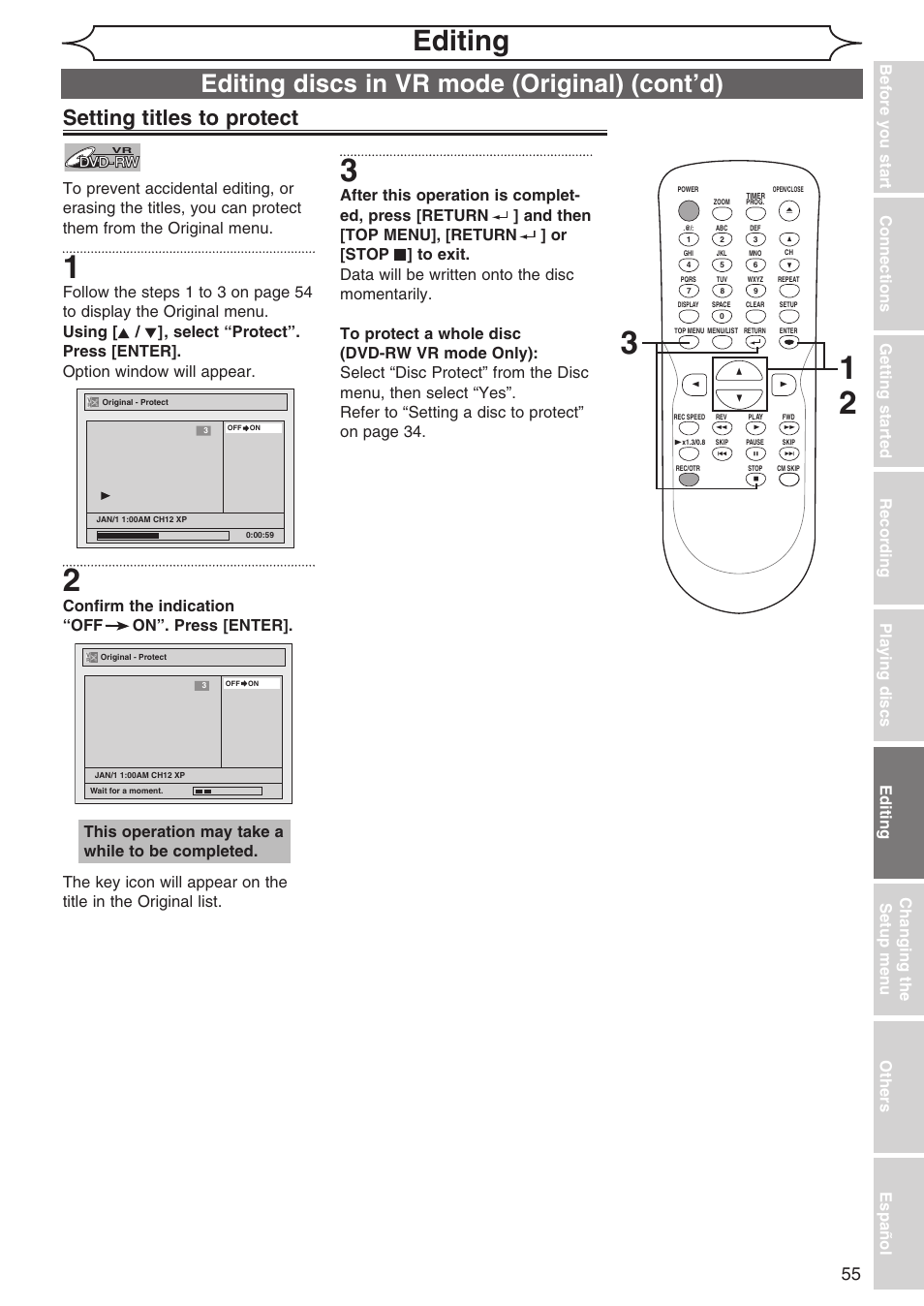 Editing, Editing discs in vr mode (original) (cont’d), Setting titles to protect | This operation may take a while to be completed | Sylvania DVR90DG User Manual | Page 55 / 82