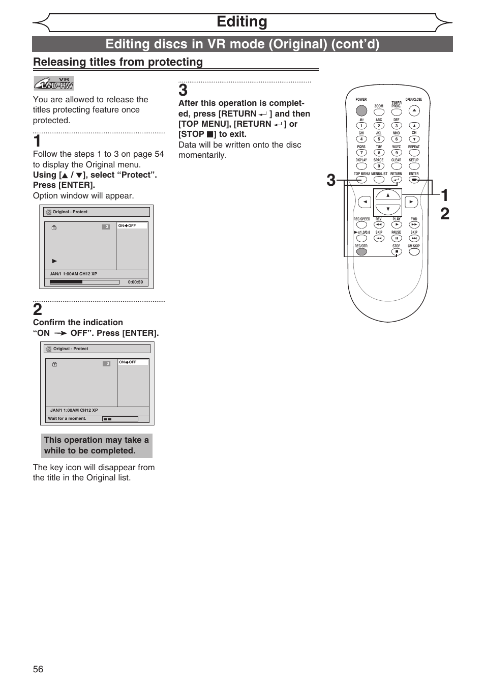 Editing, Editing discs in vr mode (original) (cont’d), Releasing titles from protecting | This operation may take a while to be completed, Dvd-rw | Sylvania DVR90DG User Manual | Page 56 / 82