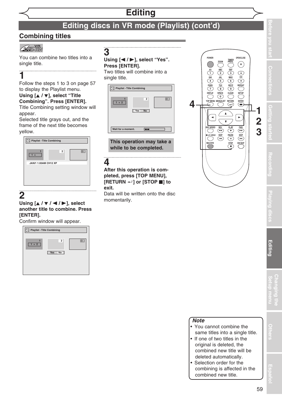 Editing, Editing discs in vr mode (playlist) (cont’d), Combining titles | You can combine two titles into a single title, This operation may take a while to be completed | Sylvania DVR90DG User Manual | Page 59 / 82