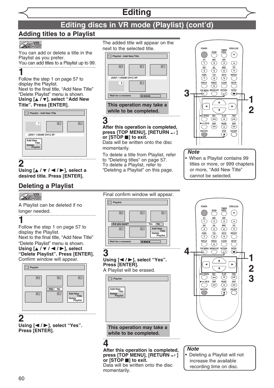 Editing, Editing discs in vr mode (playlist) (cont’d), Adding titles to a playlist | Deleting a playlist, A playlist can be deleted if no longer needed, This operation may take a while to be completed | Sylvania DVR90DG User Manual | Page 60 / 82