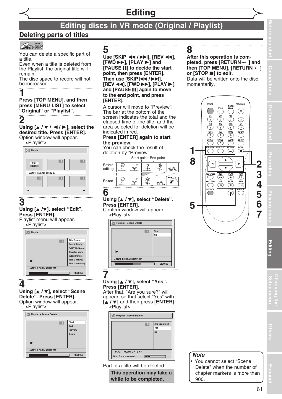 Editing, Editing discs in vr mode (original / playlist), Deleting parts of titles | Sylvania DVR90DG User Manual | Page 61 / 82