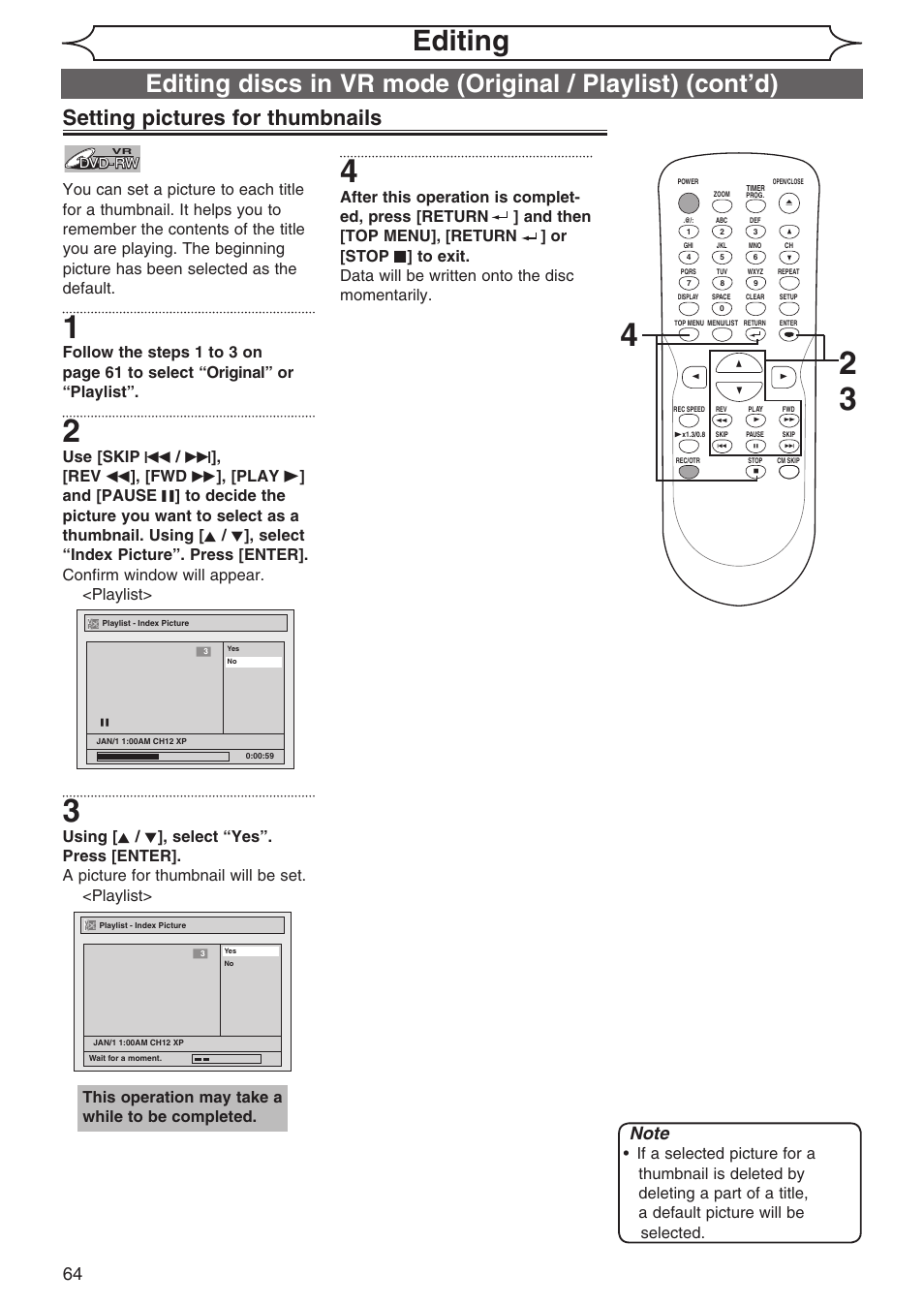 Editing, Setting pictures for thumbnails, This operation may take a while to be completed | Sylvania DVR90DG User Manual | Page 64 / 82