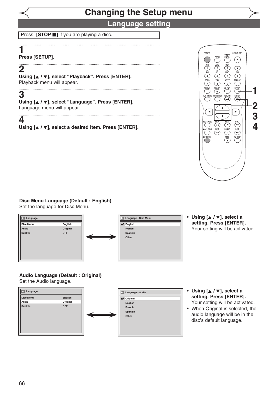 Changing the setup menu, Language setting, Press [setup | Sylvania DVR90DG User Manual | Page 66 / 82