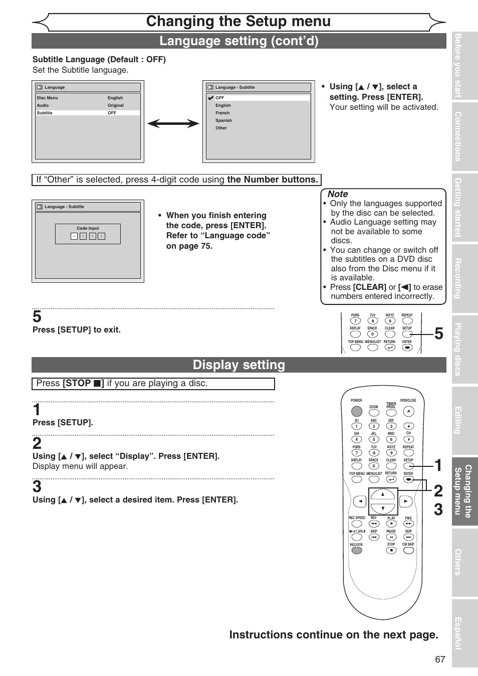 Changing the setup menu, Display setting, Language setting (cont’d) | Instructions continue on the next page, Press [stop c ] if you are playing a disc, Press [setup] to exit, Press [setup | Sylvania DVR90DG User Manual | Page 67 / 82