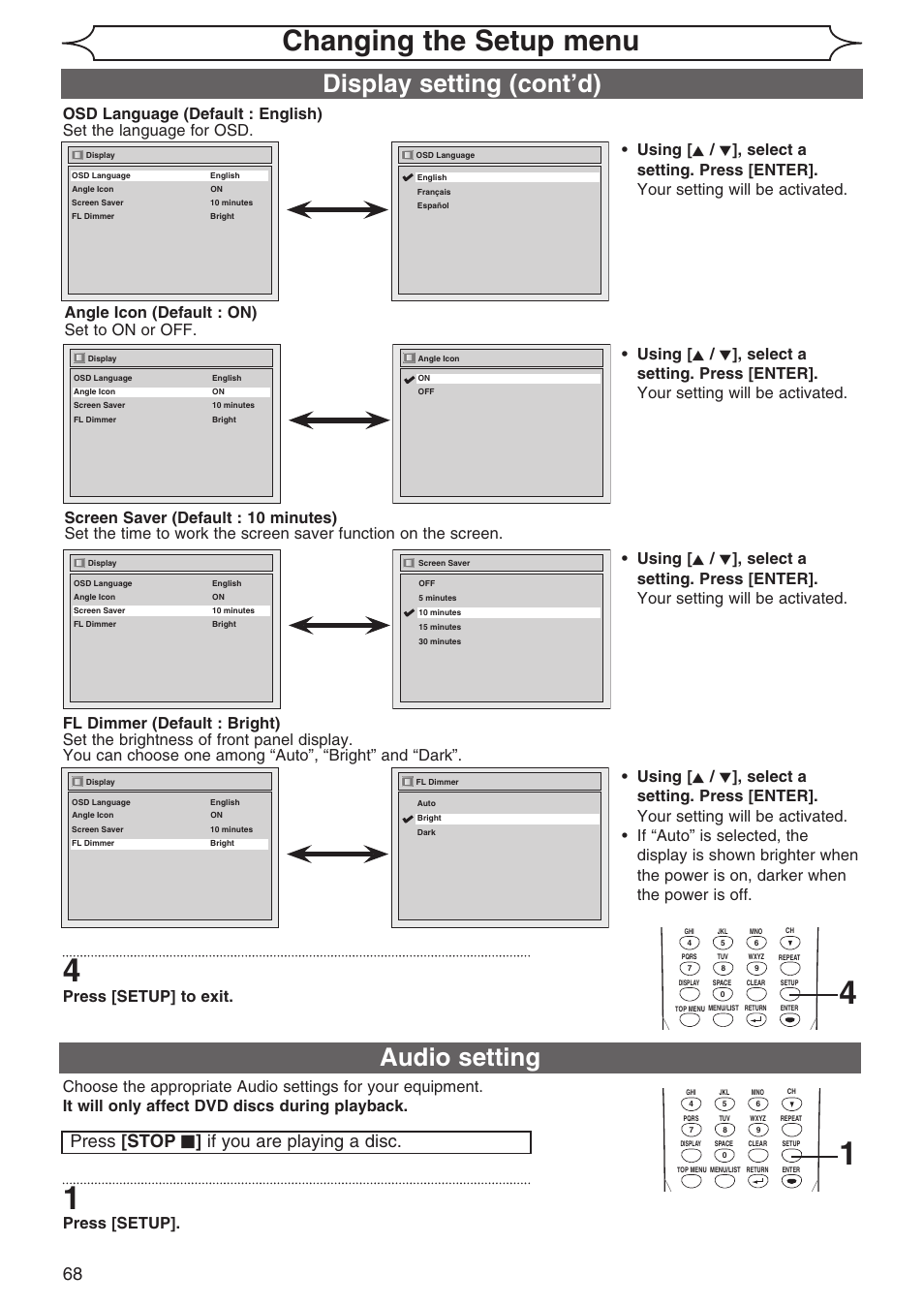 Changing the setup menu, Audio setting, Display setting (cont’d) | Press [stop c ] if you are playing a disc, Press [setup] to exit, Press [setup | Sylvania DVR90DG User Manual | Page 68 / 82