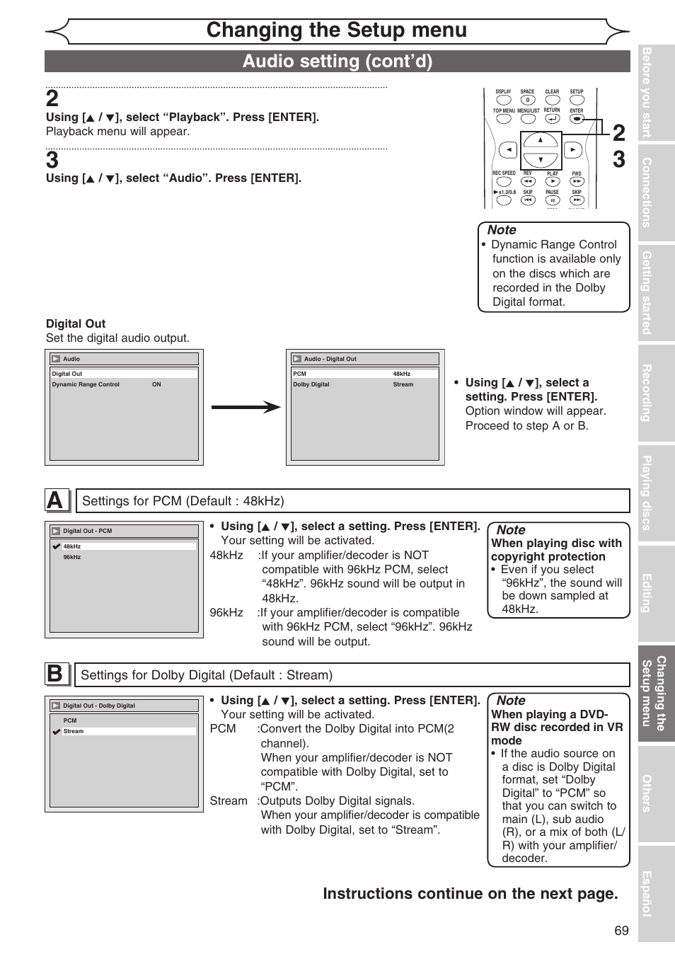 Changing the setup menu, Audio setting (cont’d), Instructions continue on the next page | Settings for dolby digital (default : stream), Settings for pcm (default : 48khz) | Sylvania DVR90DG User Manual | Page 69 / 82