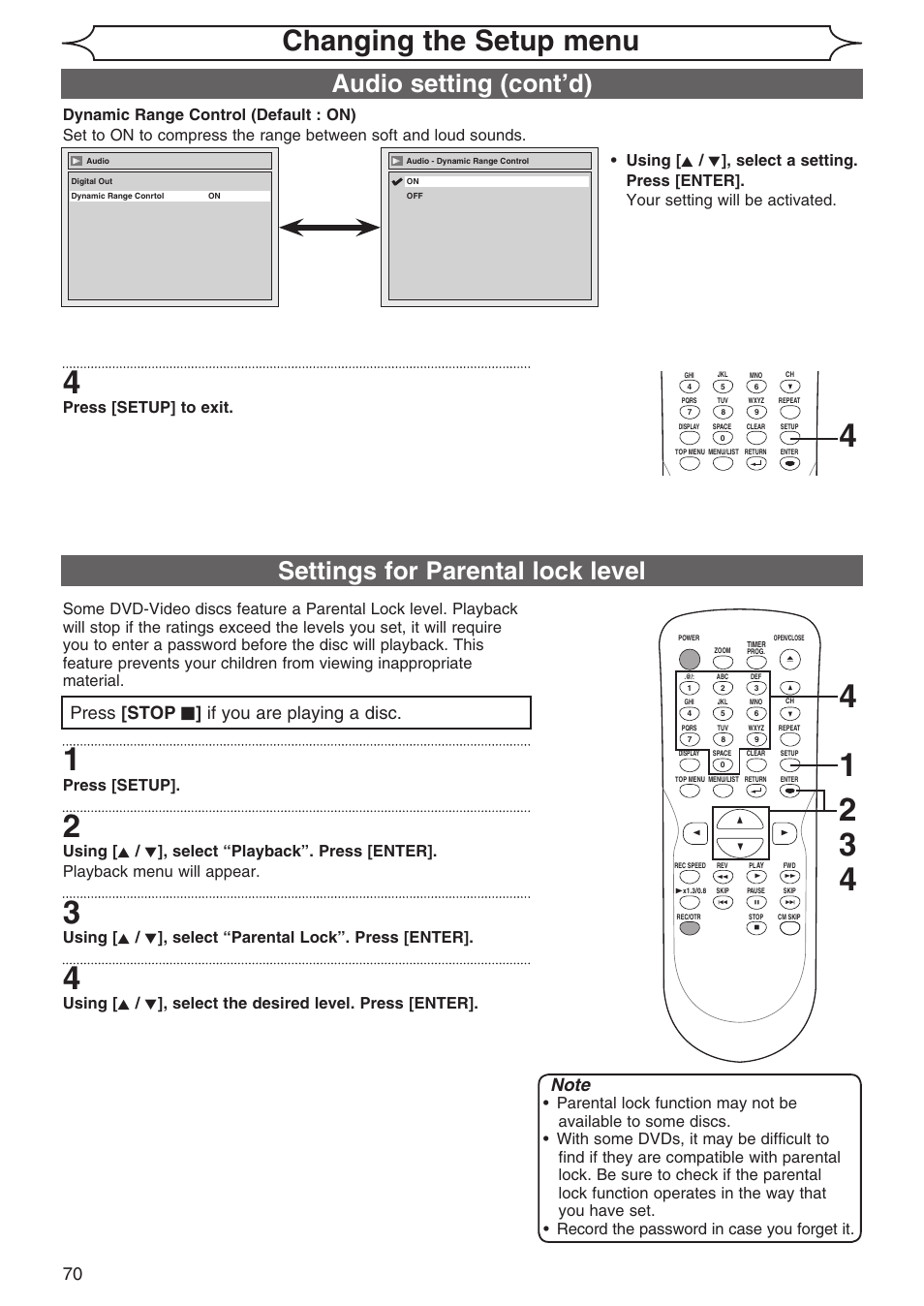 Changing the setup menu, Settings for parental lock level, Audio setting (cont’d) | Press [stop c ] if you are playing a disc, Press [setup] to exit, Press [setup | Sylvania DVR90DG User Manual | Page 70 / 82