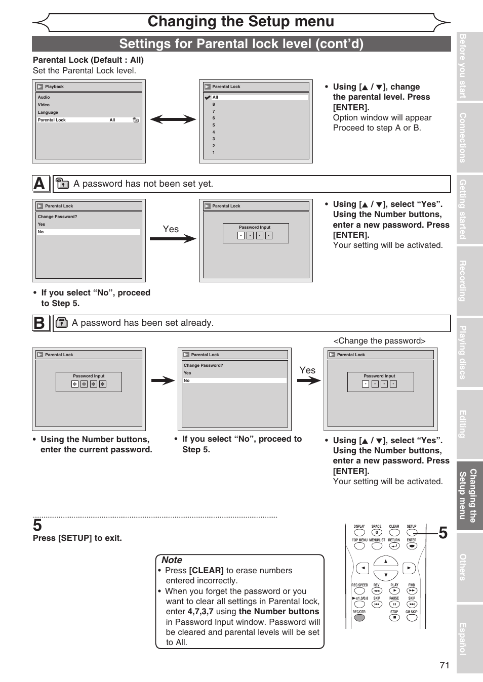 Changing the setup menu, Settings for parental lock level (cont’d), A password has been set already | Press [setup] to exit, Changing the setup menu <change the password | Sylvania DVR90DG User Manual | Page 71 / 82