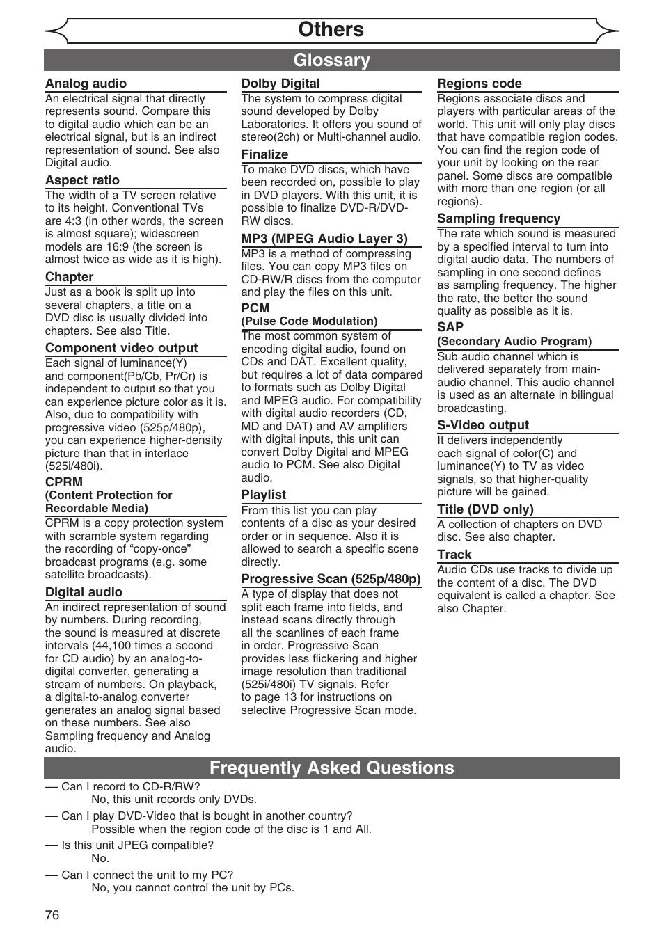 Others, Frequently asked questions, Glossary | Sylvania DVR90DG User Manual | Page 76 / 82