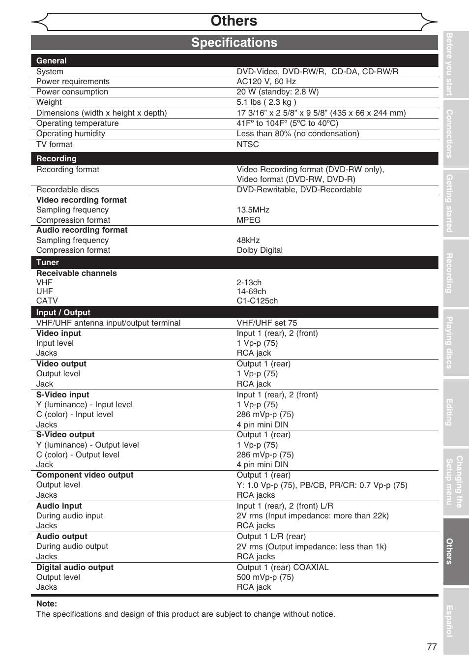 Others, Specifications | Sylvania DVR90DG User Manual | Page 77 / 82