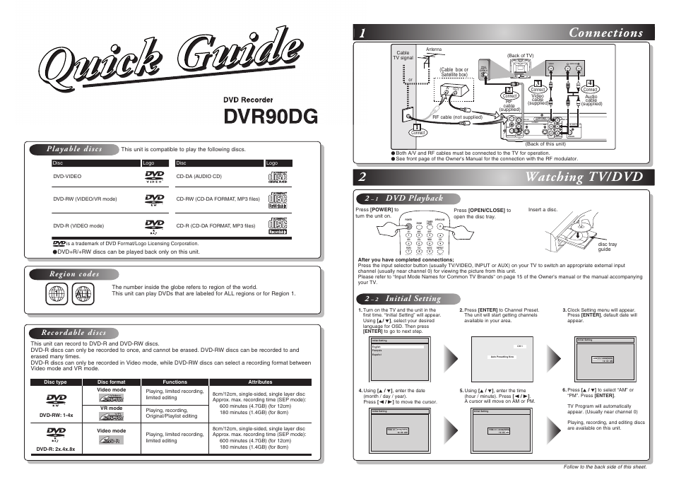 Copy of dvr90dg_e7a00ud_qg_final.pdf, Dvr90dg, 1connections 2 watching tv/dvd | Dvd playback, Initial setting, Playable discs region codes recordable discs, Dvd recorder, Cable box or satellite box) | Sylvania DVR90DG User Manual | Page 81 / 82