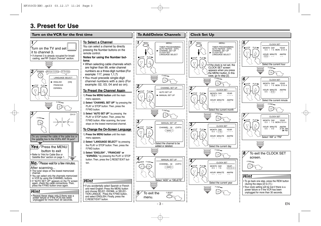 Preset for use, Hint, Yes es | Sylvania C6240VE User Manual | Page 3 / 8