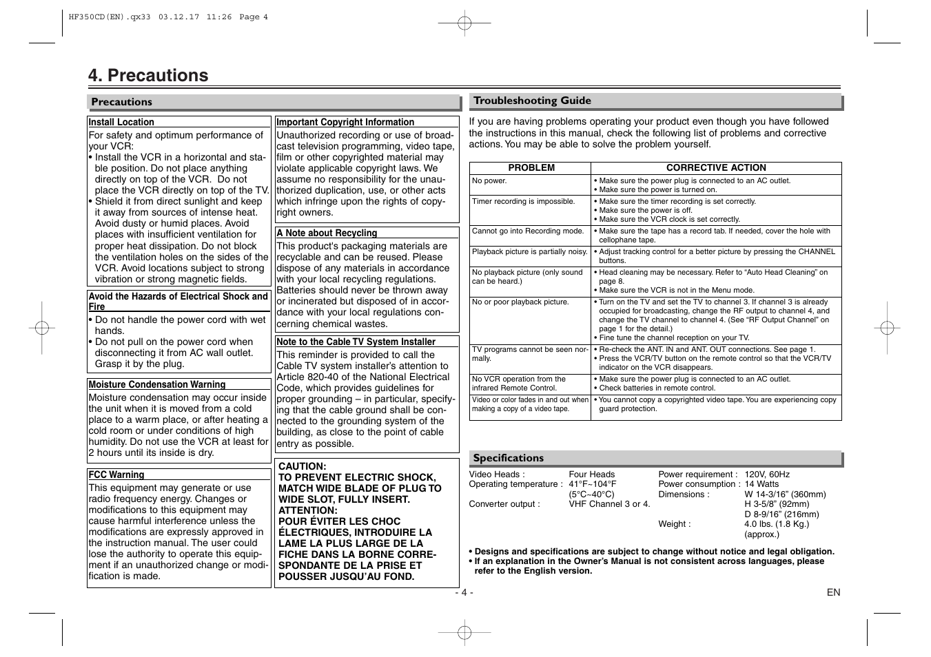 Precautions | Sylvania C6240VE User Manual | Page 4 / 8