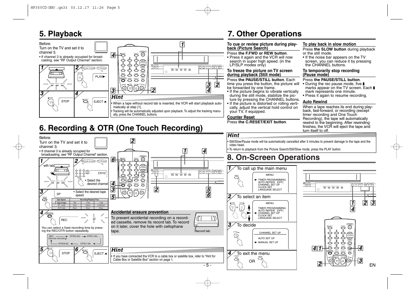 On-screen operations, Recording & otr (one touch recording), Playback | Other operations, Menu rec/otrstop/eject rew play f.fwd, Channel, 4hint hint, Hint | Sylvania C6240VE User Manual | Page 5 / 8