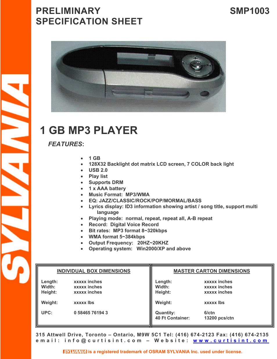 Sylvania SMP1003 User Manual | 1 page