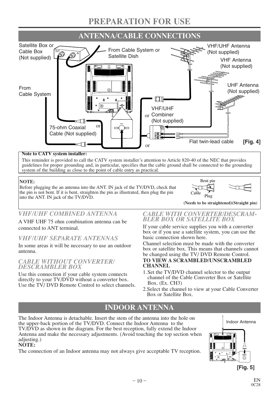 Preparation for use, Antenna/cable connections, Indoor antenna | Vhf/uhf combined antenna, Vhf/uhf separate antennas, Cable without converter/ descrambler box | Sylvania 6513VD User Manual | Page 10 / 39