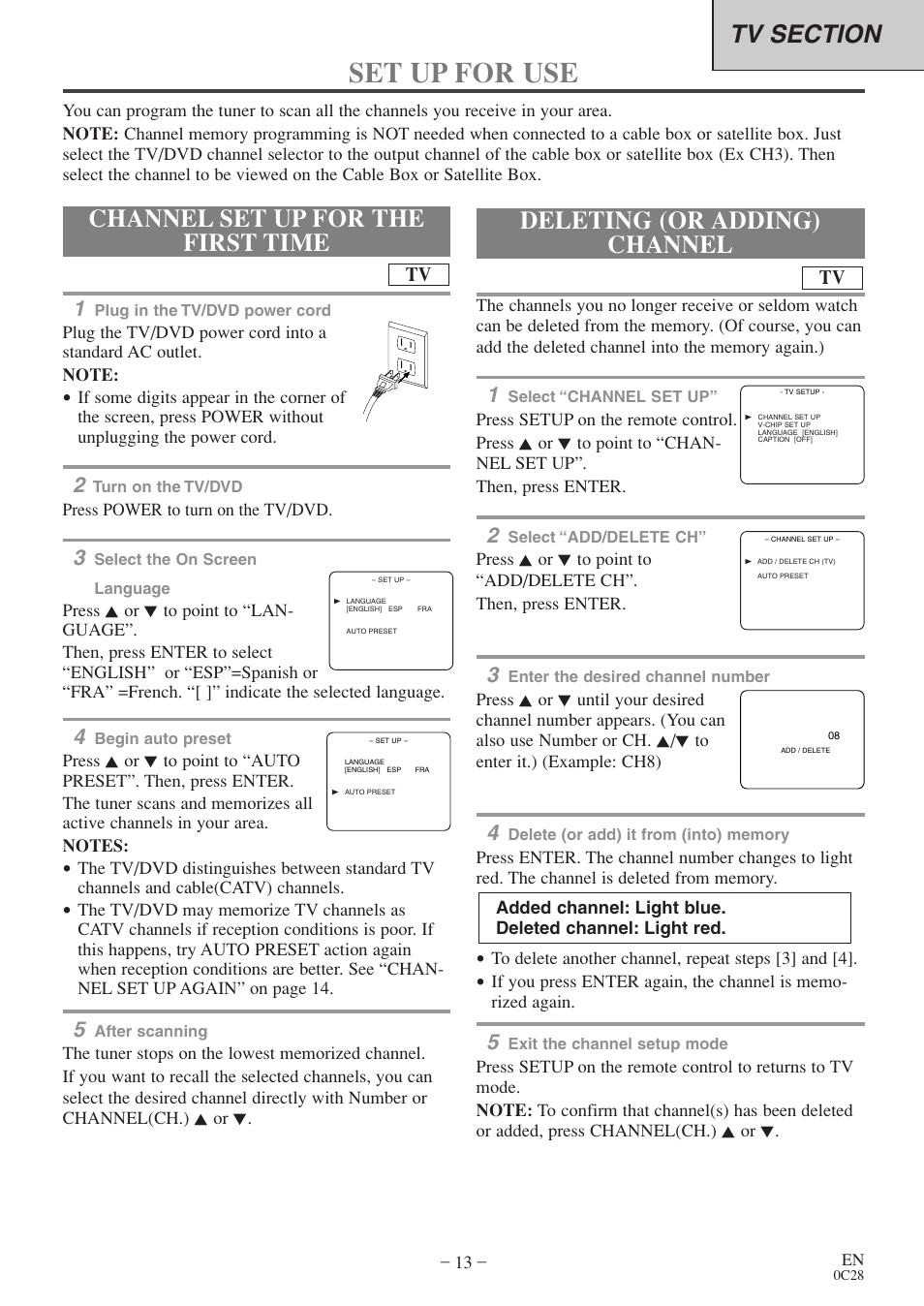 Set up for use, Channel set up for the first time, Deleting (or adding) channel | Sylvania 6513VD User Manual | Page 13 / 39