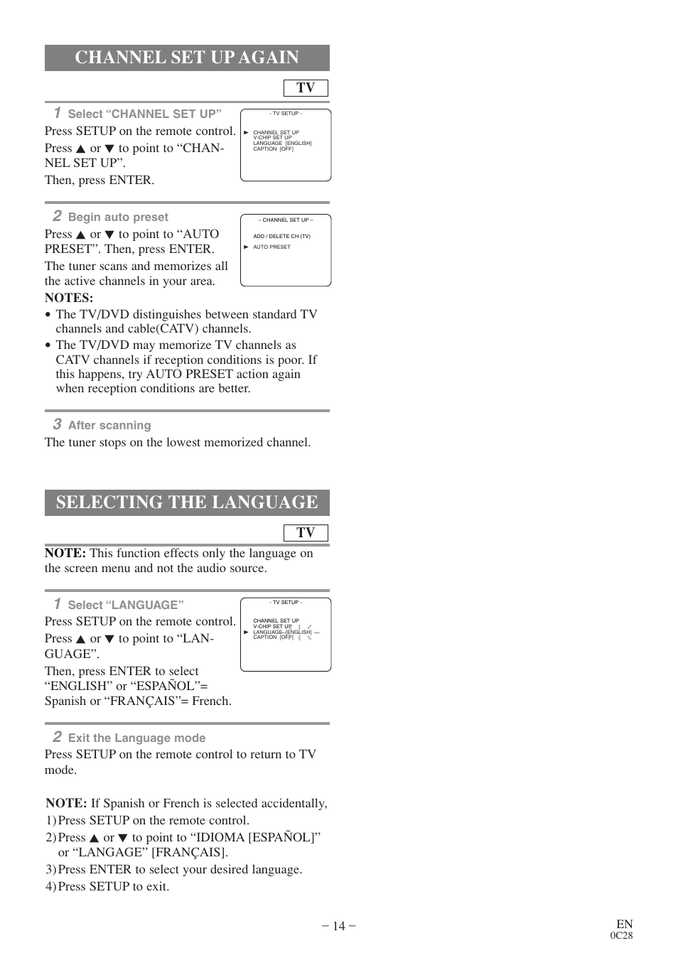 Channel set up again, Selecting the language | Sylvania 6513VD User Manual | Page 14 / 39