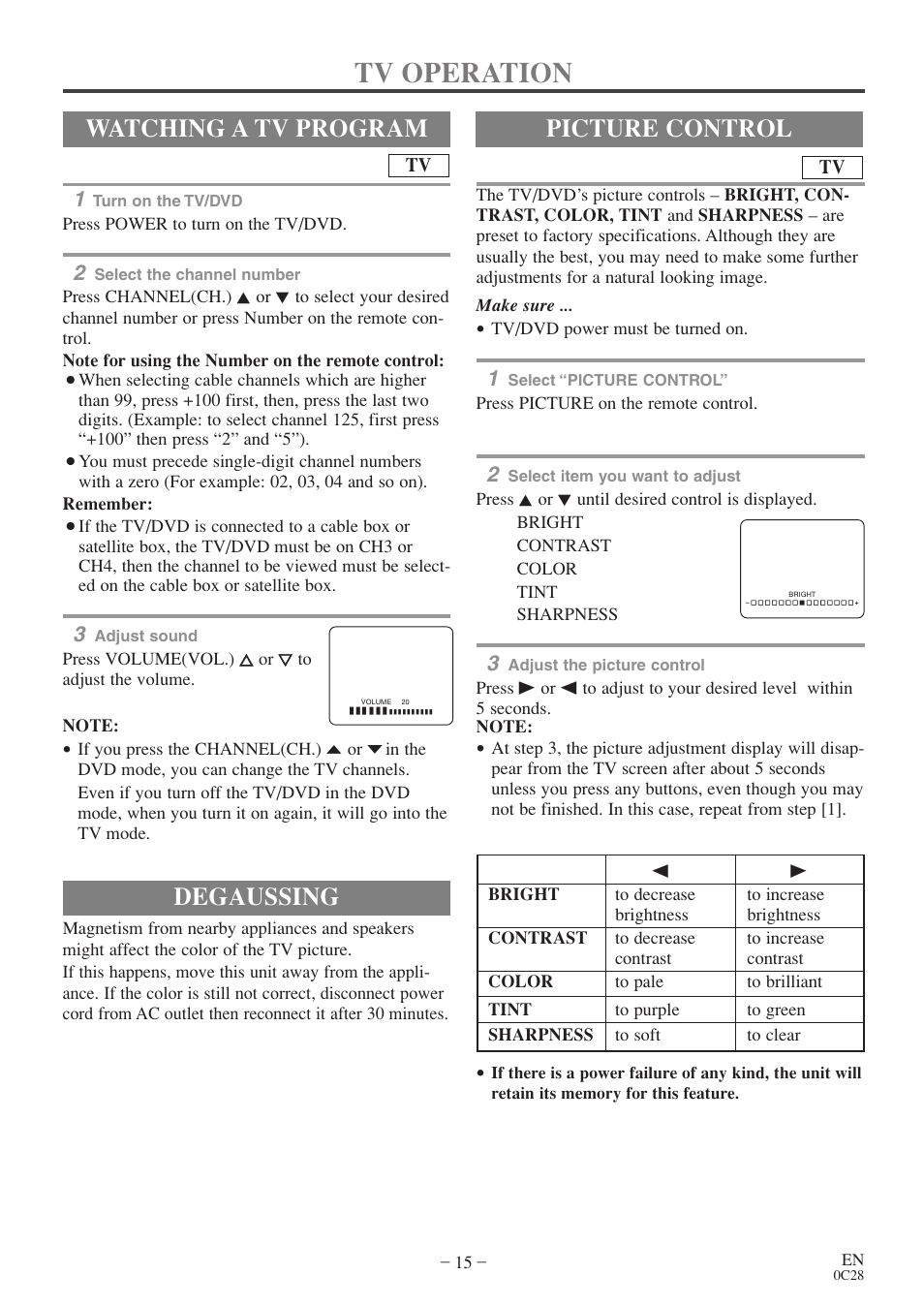 Tv operation, Degaussing, Watching a tv program | Picture control | Sylvania 6513VD User Manual | Page 15 / 39