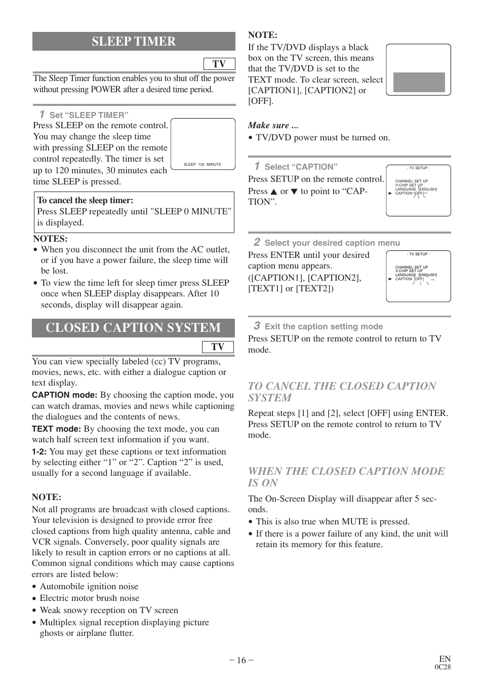 Closed caption system, Sleep timer, When the closed caption mode is on | Sylvania 6513VD User Manual | Page 16 / 39