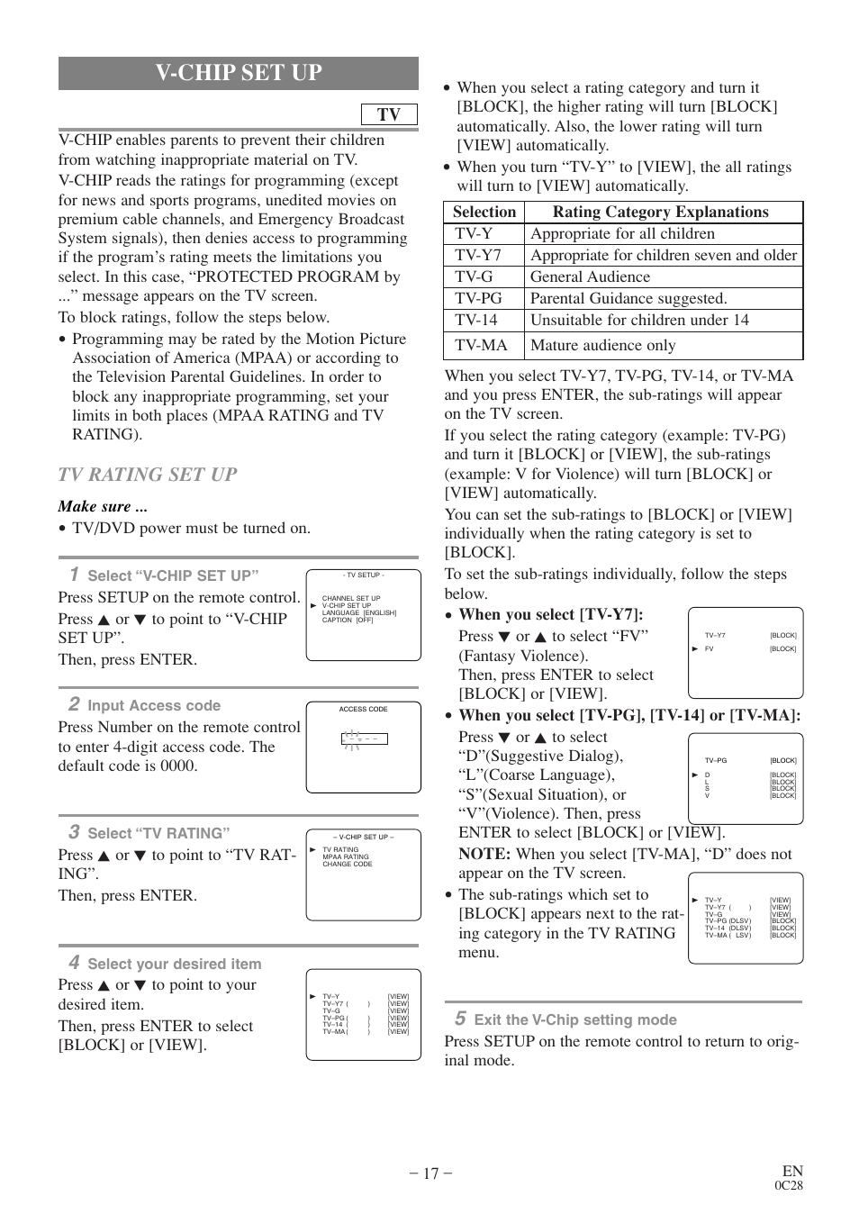 V-chip set up, Tv rating set up, Make sure | Tv/dvd power must be turned on | Sylvania 6513VD User Manual | Page 17 / 39