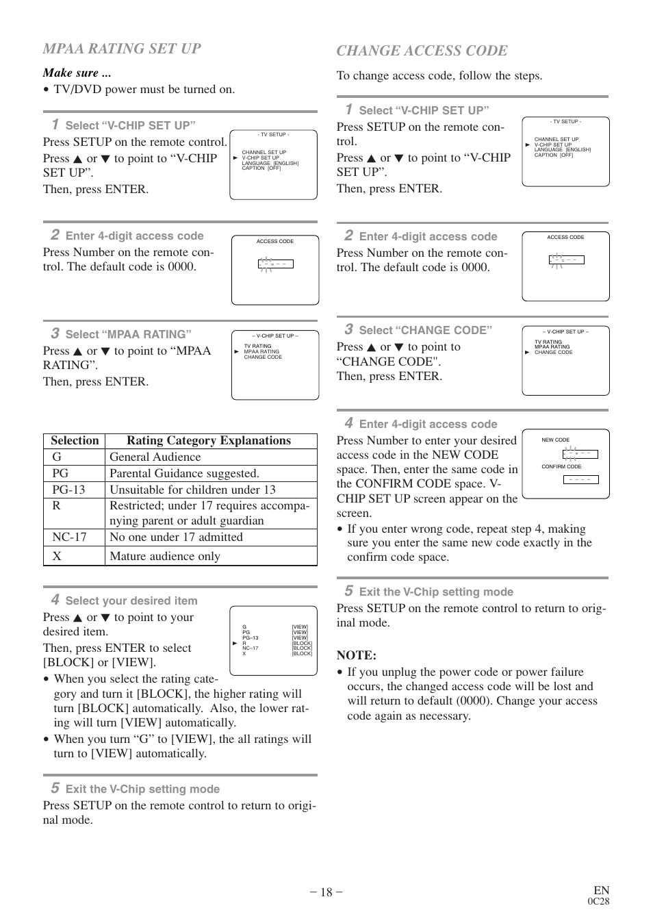 Mpaa rating set up, Change access code, Make sure | Tv/dvd power must be turned on | Sylvania 6513VD User Manual | Page 18 / 39