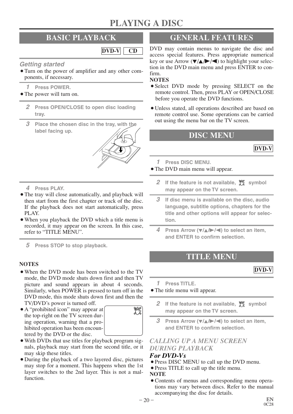 Playing a disc, Basic playback, General features | Title menu, Disc menu | Sylvania 6513VD User Manual | Page 20 / 39