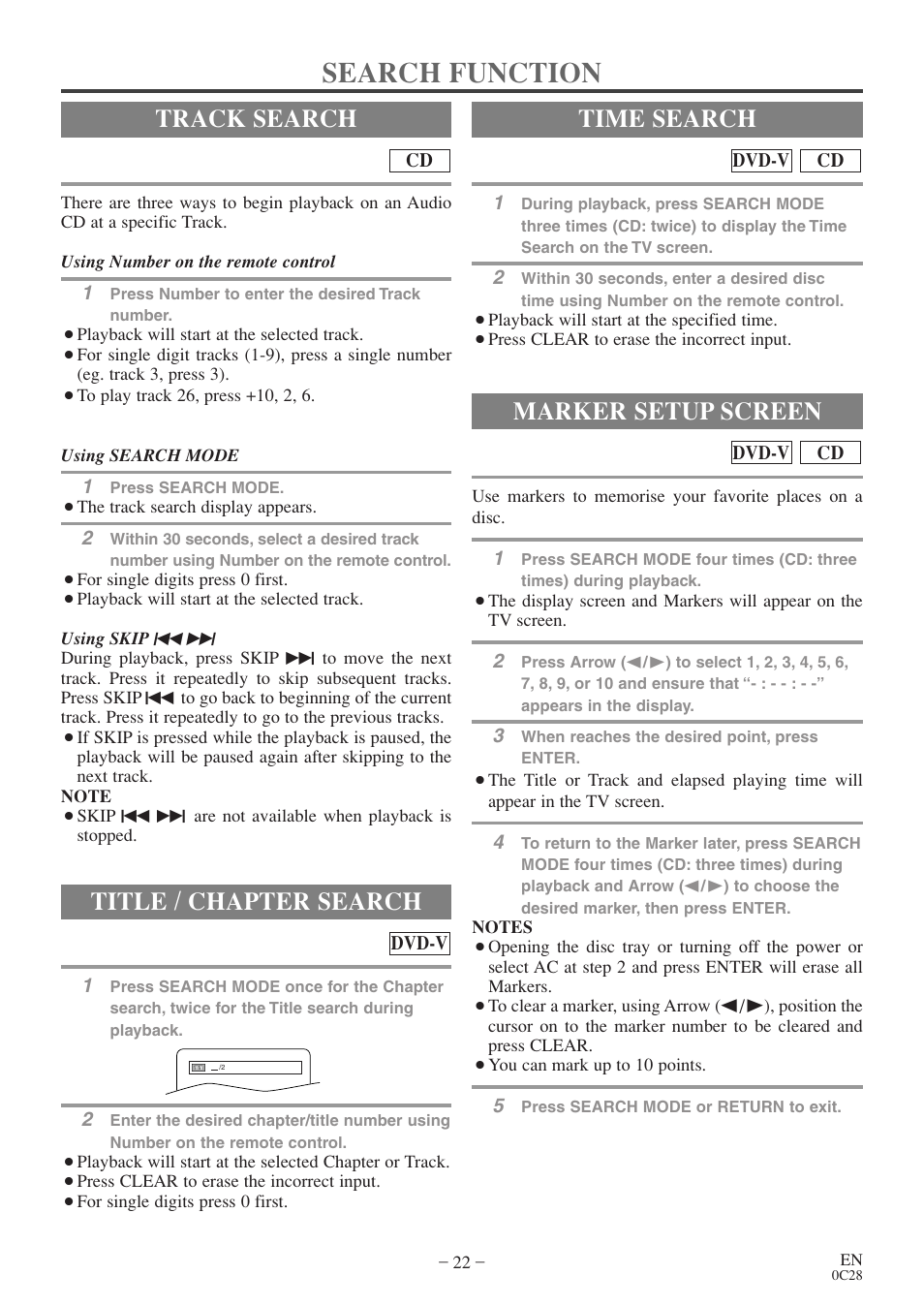 Search function, Track search, Title / chapter search | Time search, Marker setup screen | Sylvania 6513VD User Manual | Page 22 / 39